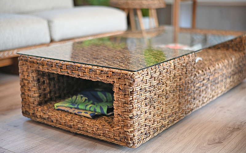 リビングテーブル ガラステーブル おしゃれ バナナリーフ ラタン 籐