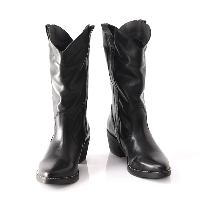 ウエスタンブーツ レディース 本革 ブーツ ローヒール レザー 黒