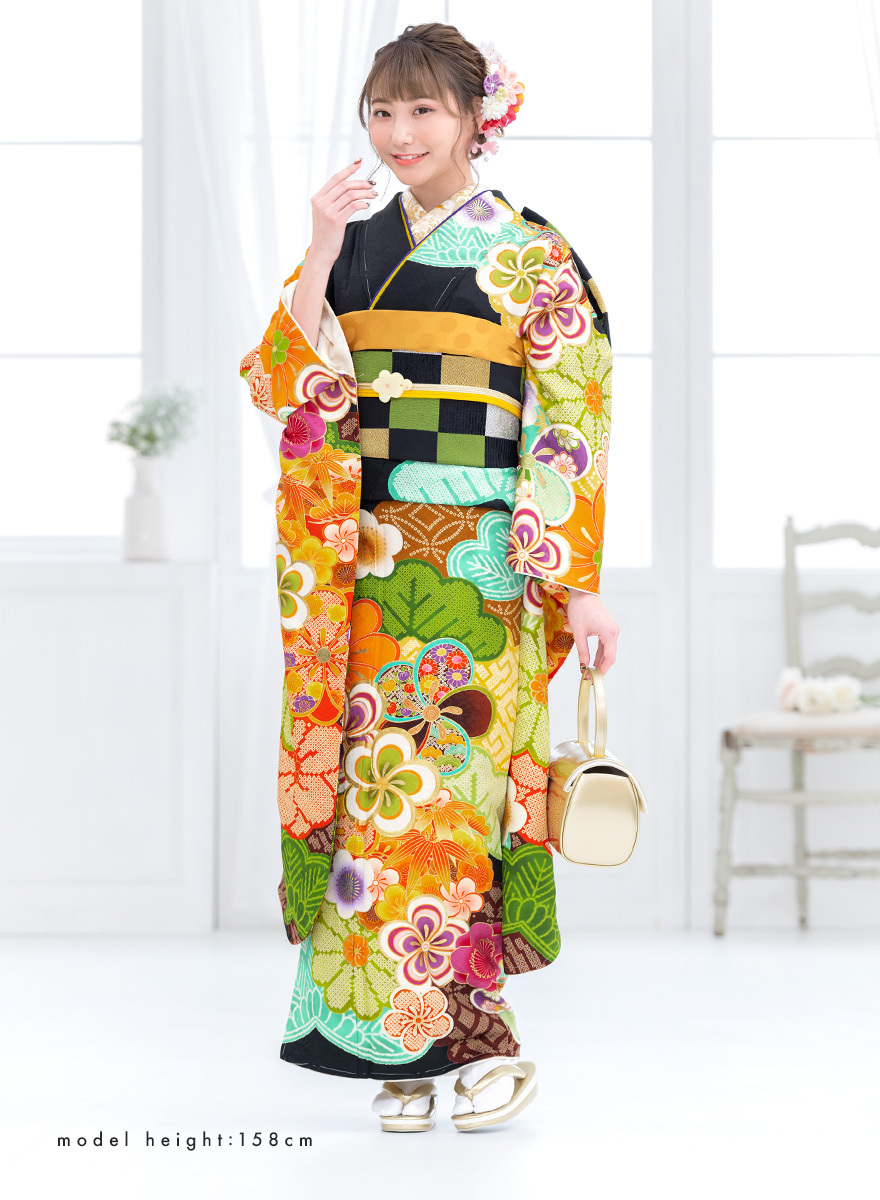 振袖 帯締め 半襟 セット 成人式 販売 日本製 8点セット 絵羽柄 黒系