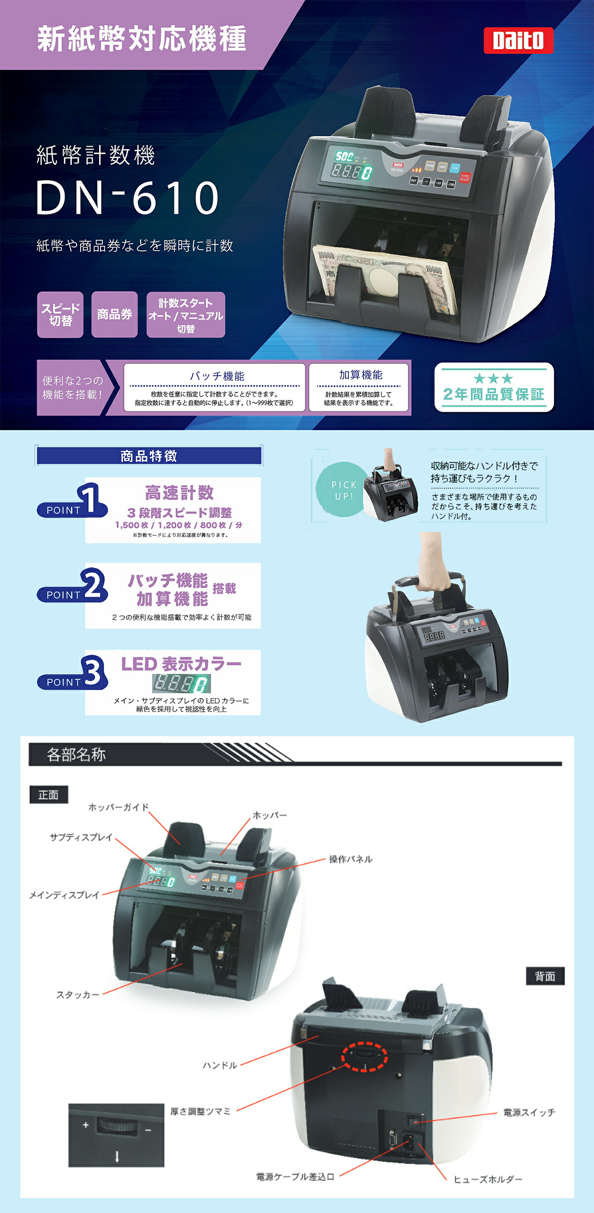 2024年度発行新紙幣対応 紙幣計数機 Daito ダイト DN-610 バッチ機能付
