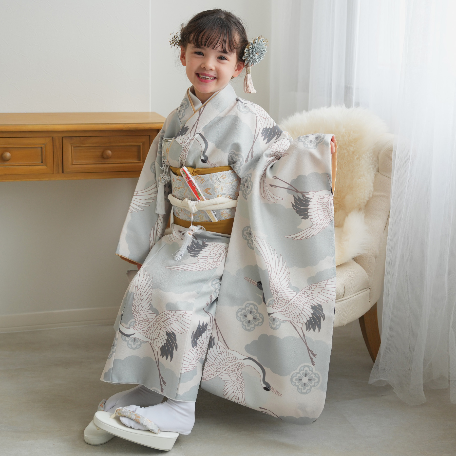 レンタル 七五三 着物 7歳 ひよこ商店 女の子 四つ身 ミント吉祥鶴