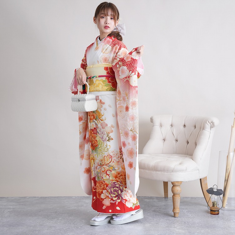 振袖 レンタル 成人式 21点セット レトロ 振袖セット 花 赤系 正絹 白