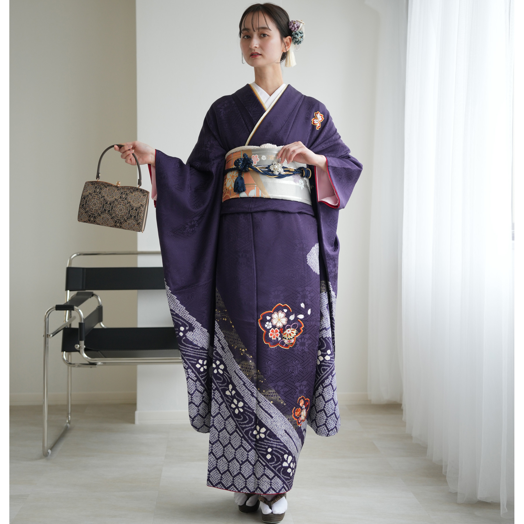 振袖 レンタル 成人式 21点セット レトロ 成人式セット 花 正絹 古代紫