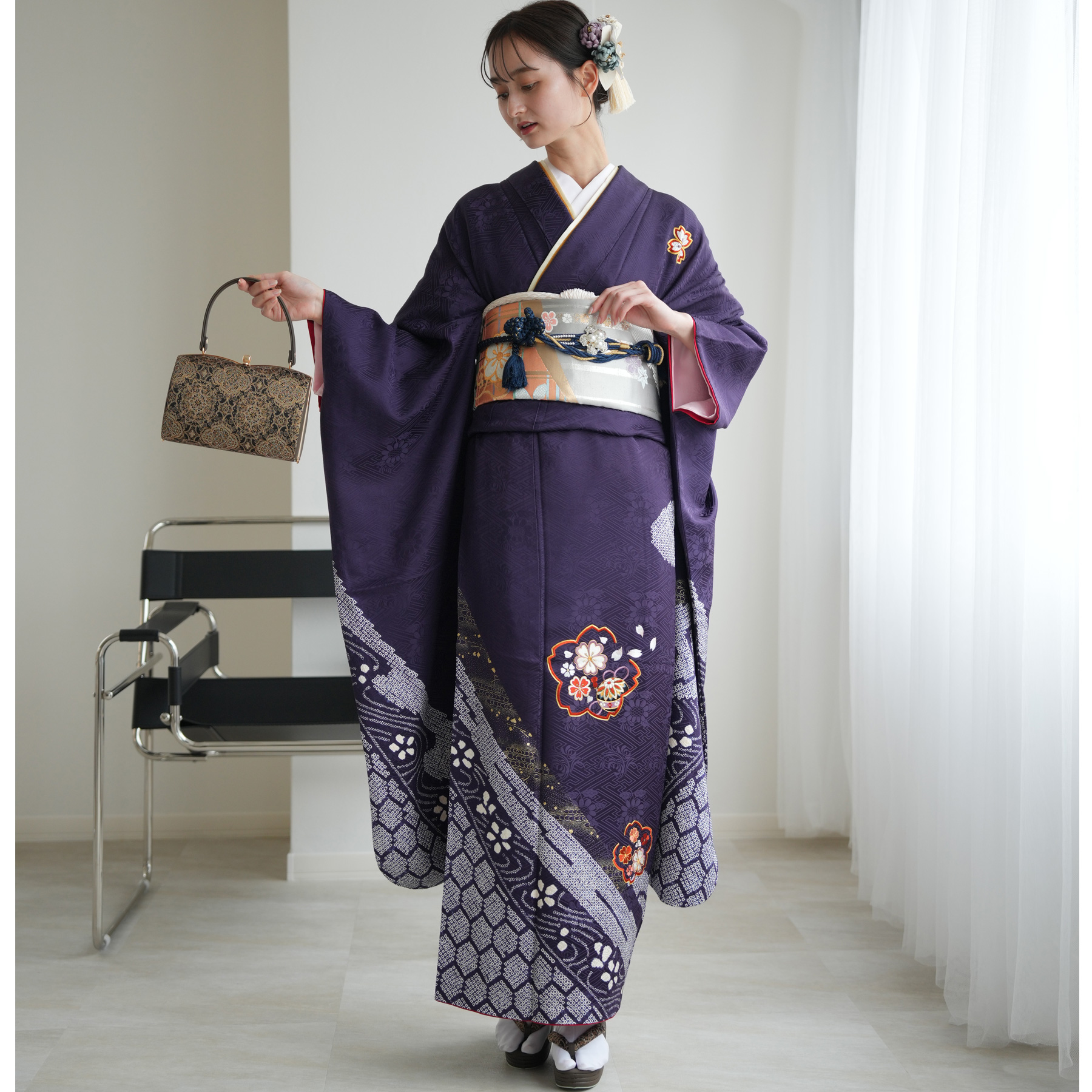 振袖 レンタル 成人式 21点セット レトロ 成人式セット 花 正絹 古代紫
