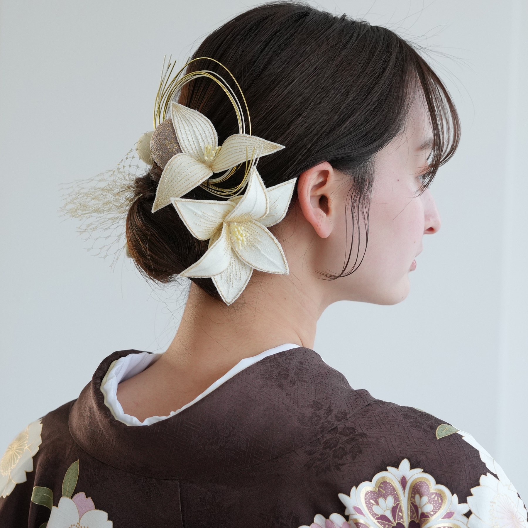 髪飾り 成人式 卒業式 7点セット Uピン 百合 ゆり 水引 毬 チュール