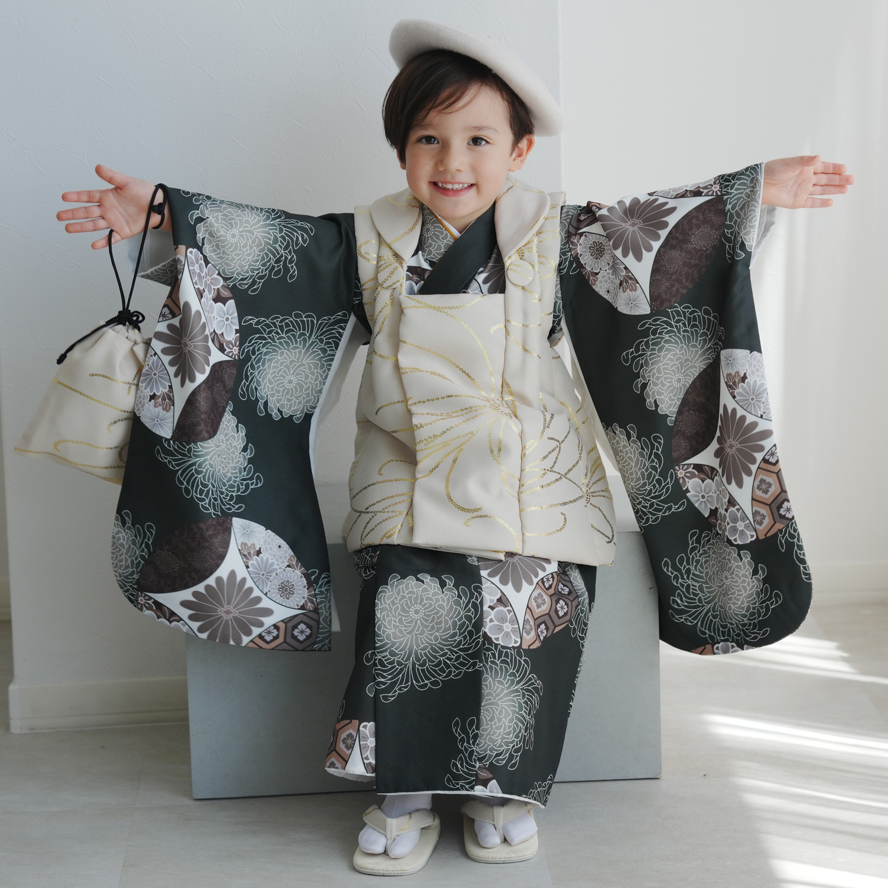七五三 着物 3歳 男の子 被布 ひよこ商店 kids ベレー帽 被布フル
