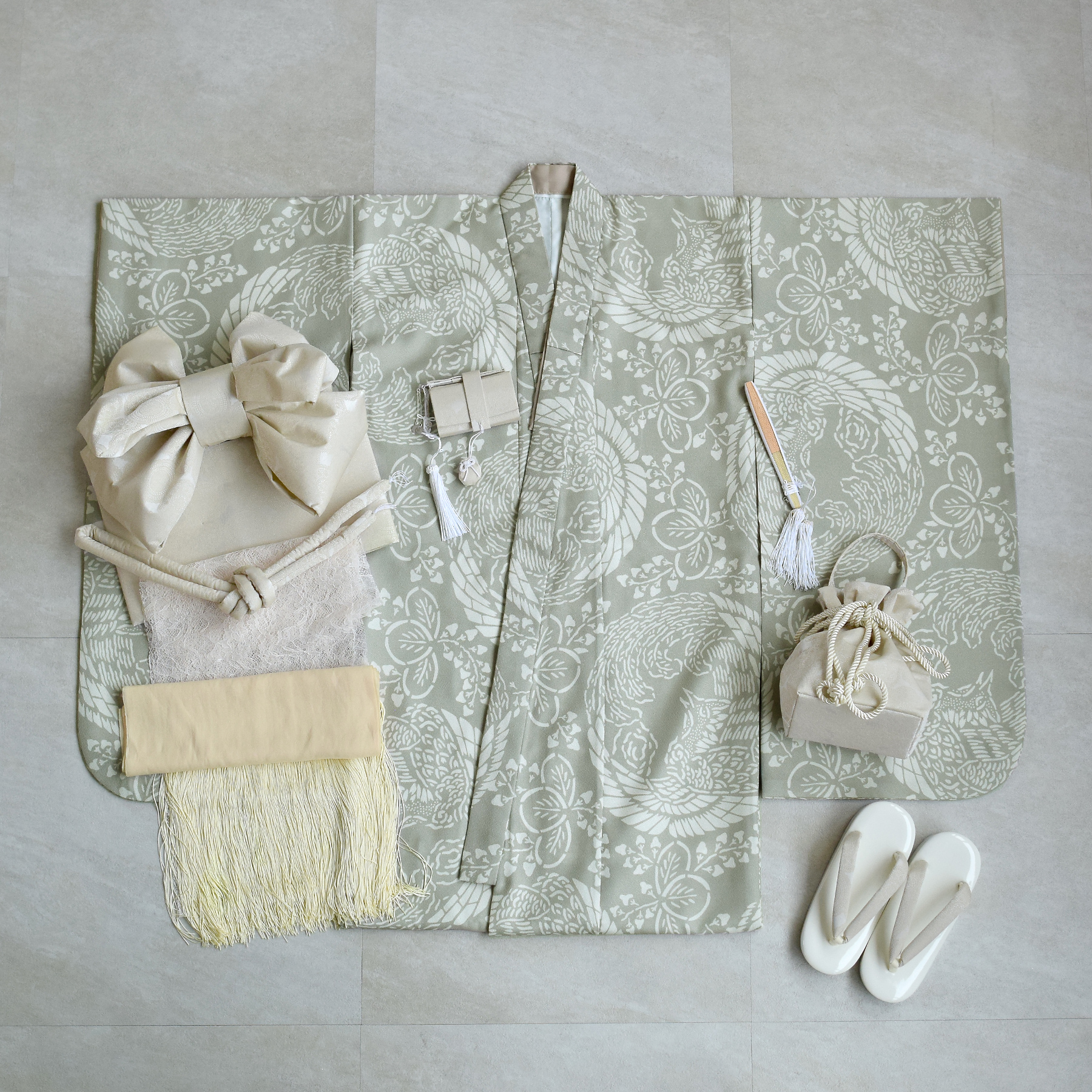 七五三 着物 7歳 女の子 ひよこ商店 四つ身 灰緑鳳凰 振袖セット 着物