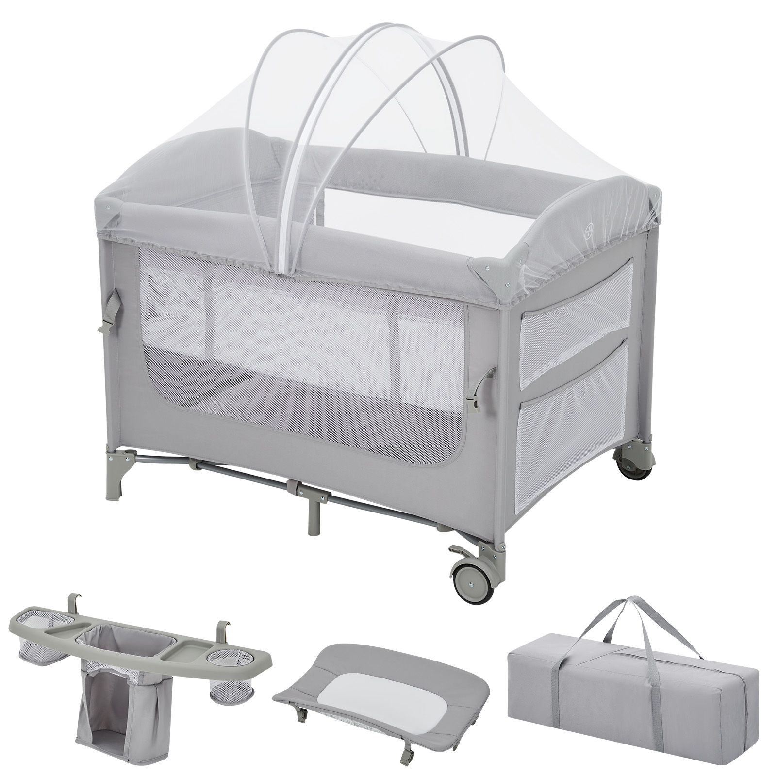 ベビーベッド プレイヤード 蚊帳付き 折りたたみ キャスター 揺りかご