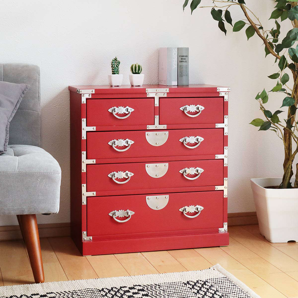 引出箪笥 4段 民芸調 和風チェスト 朱雀 幅58cm（ 箪笥 和風民芸調