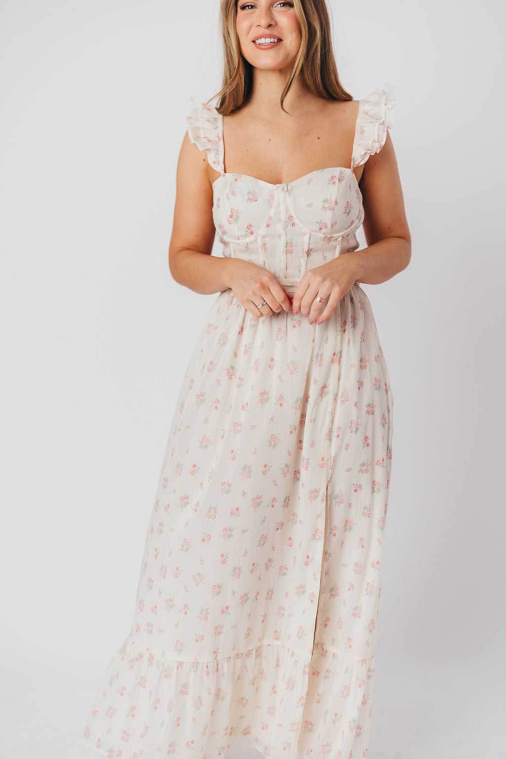 Rosamund Bustier-Style Maxi Dress in Blush Pink Floral - Inclusive