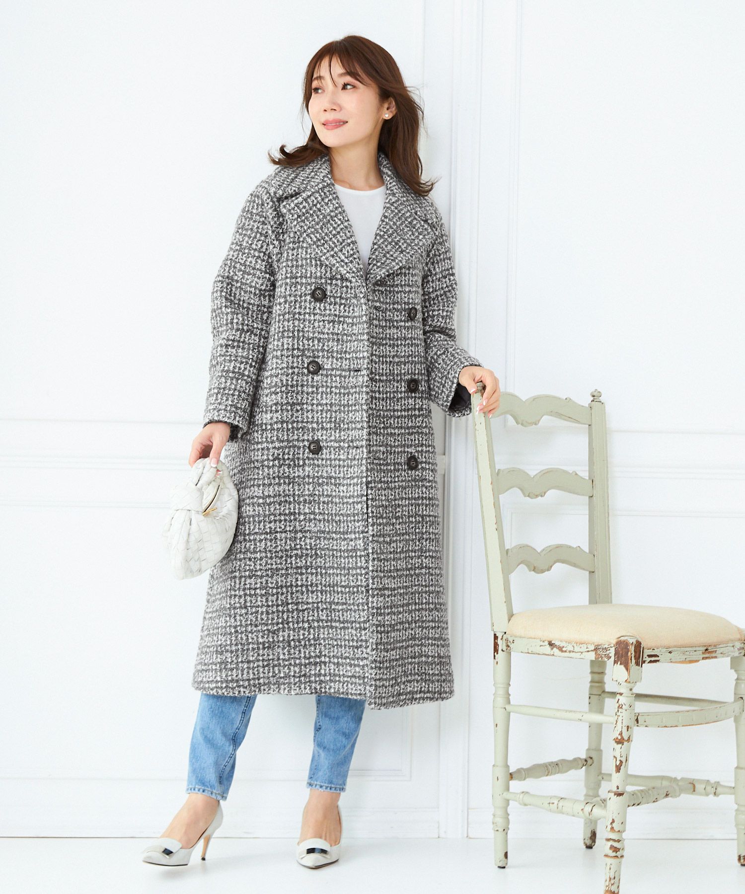 OUTLET-SALE テーラーカラー ダブル釦 ツイード コート Liala×PG 全6色