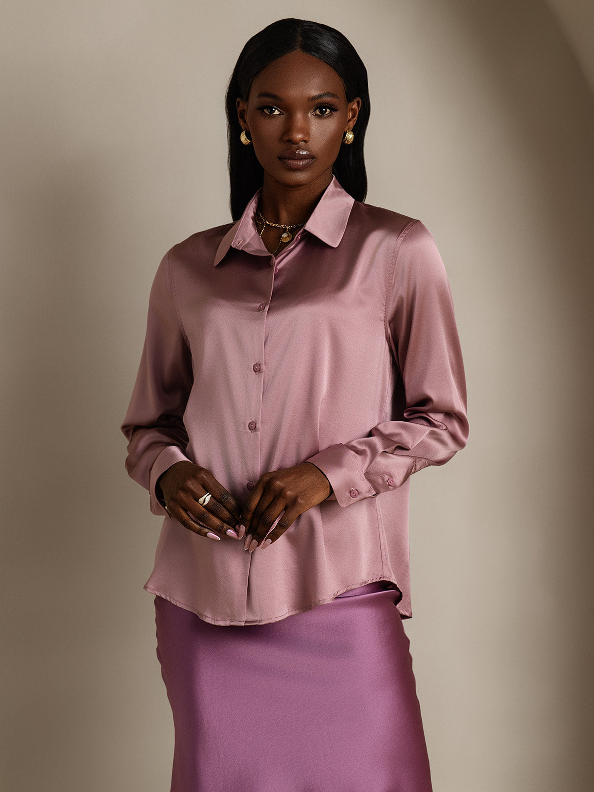 19Momme Silk Long Sleeve Lapel Collar Women's Shirt with Button Up