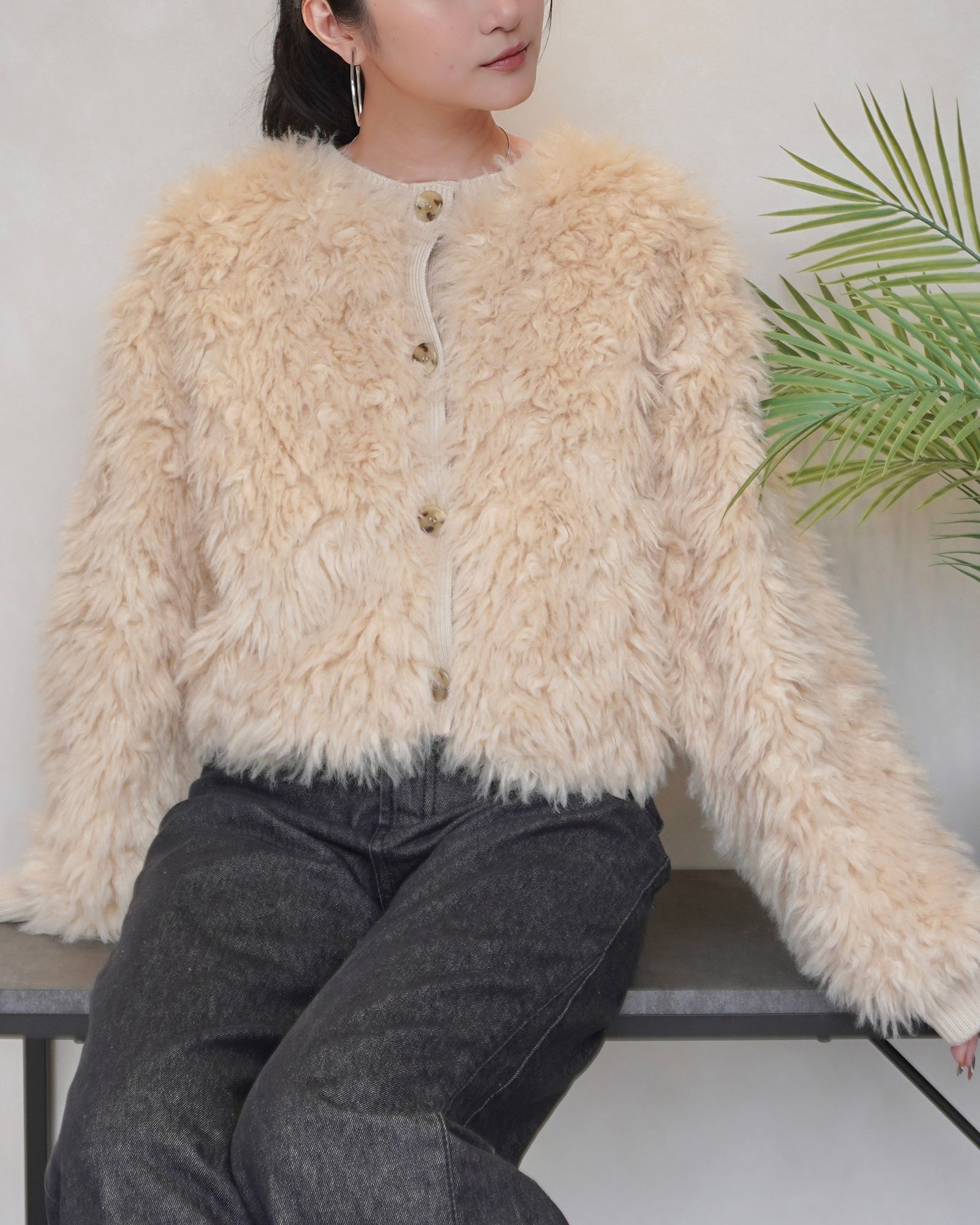 THINK FUR - 2Way Fur×Knit Tops (クリーム) / 2ウェイファー×ニット