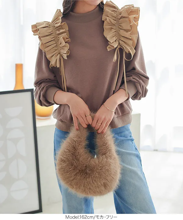 フリルギャザーデザインモックネックスウェットトップス [C7307