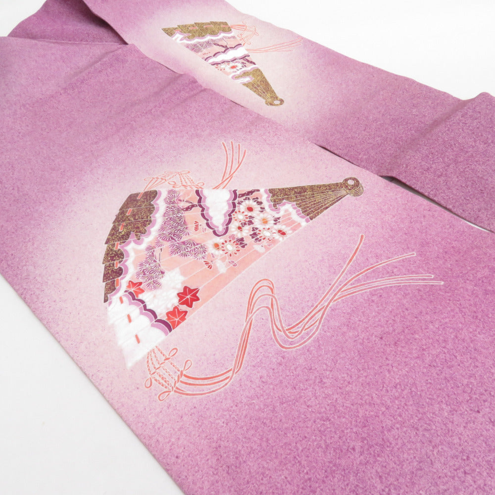 名古屋帯 正絹 塩瀬 扇子文様 お太鼓柄 九寸帯 紫色 カジュアル 仕立て