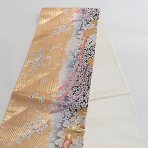 袋帯 振袖用 金色x灰色 御所車に小桜文様 六通柄 正絹 仕立て上がり