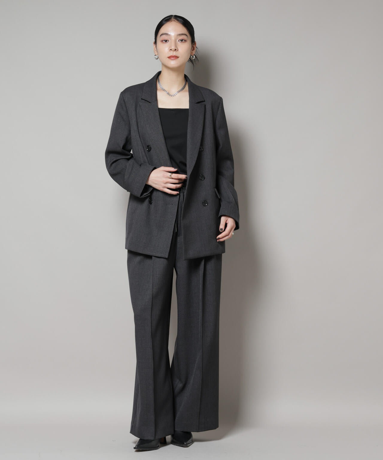 ストレッチ サージ チェック ダブル ジャケット ( セットアップ 可 )