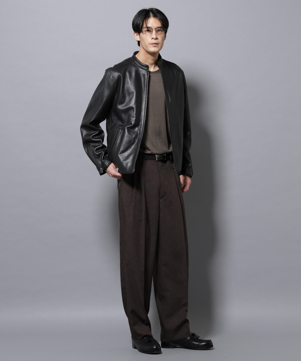 バンドカラー レザー シングルライダースジャケット