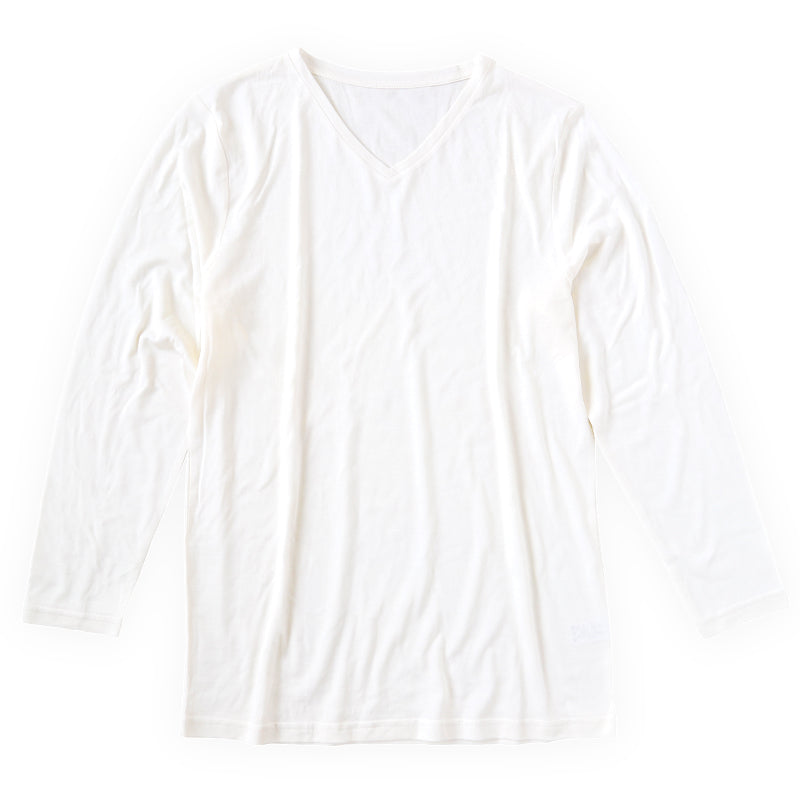 メンズ シルク&コットン 長袖 Vネックシャツ M～LL 白 長袖シャツ 絹