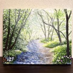 絵画 原画 風景画 肉筆 キャンバス F3 『春の木漏れ日がそそぐ散歩道