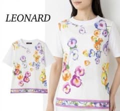 P261 L レオナール 花柄 袖ニット 半袖 カットソー ホワイト