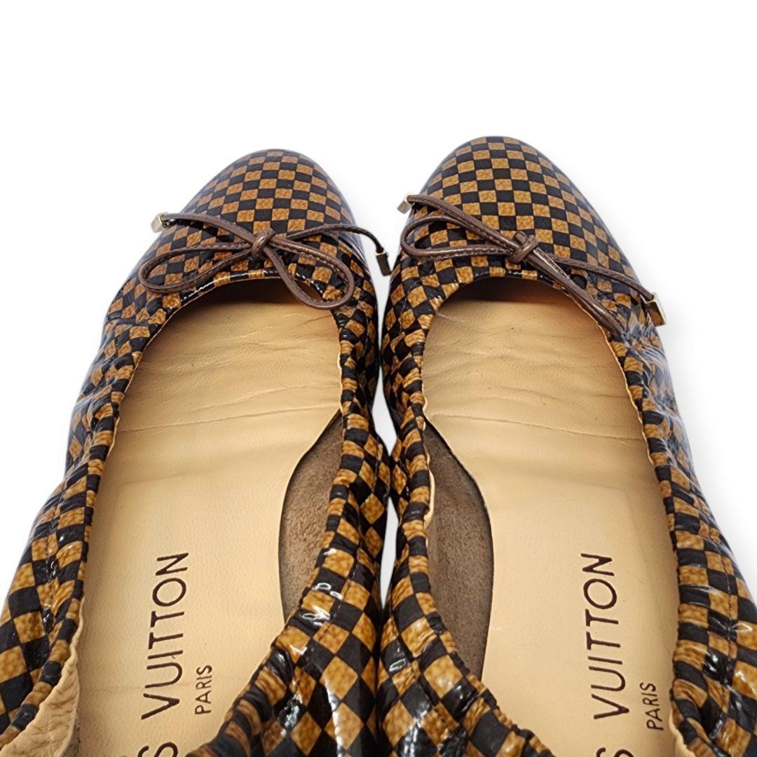 ルイヴィトン ダミエ 本革 パテントレザー リボン バレエシューズ 23.5cm