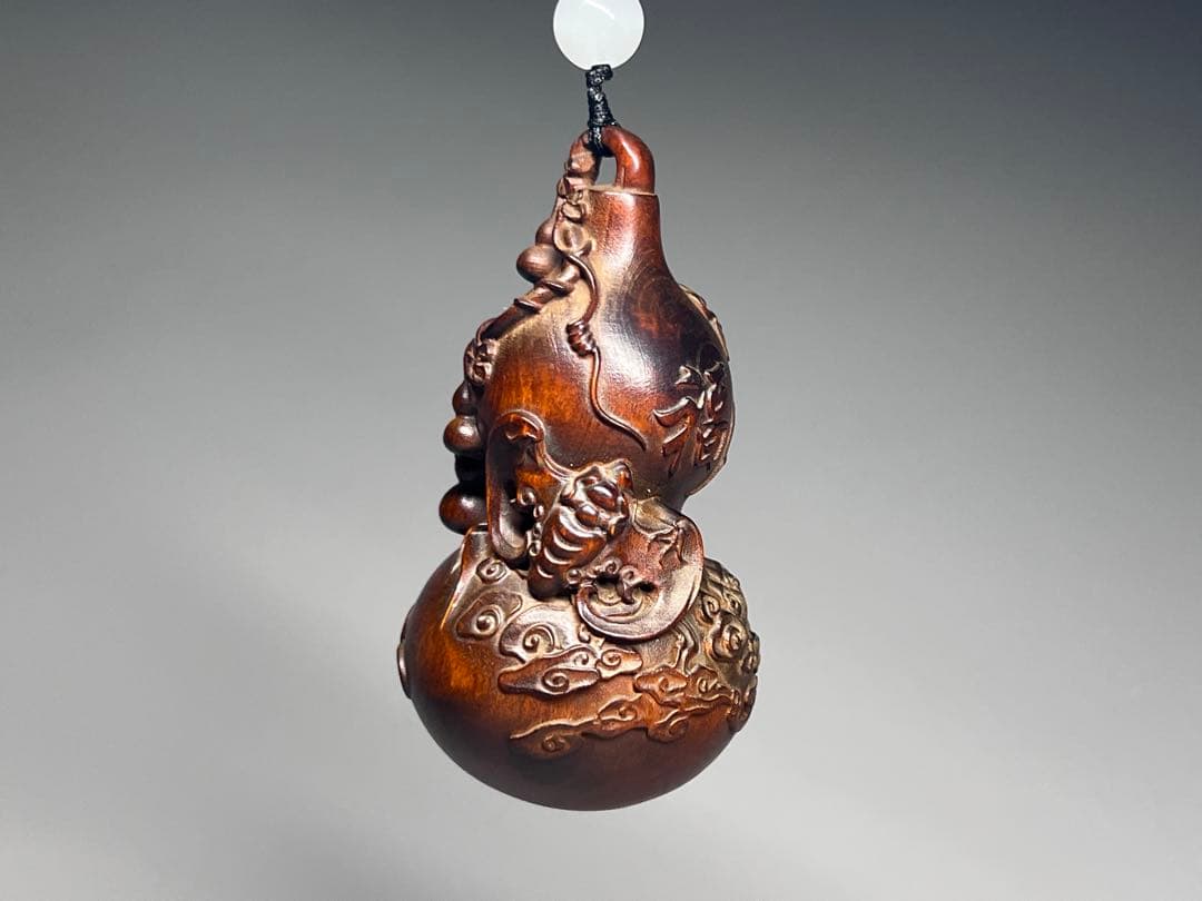 中国古美術 本物柘植 黄楊木 細工彫刻 福 瓢箪 根付 コレクション 木彫