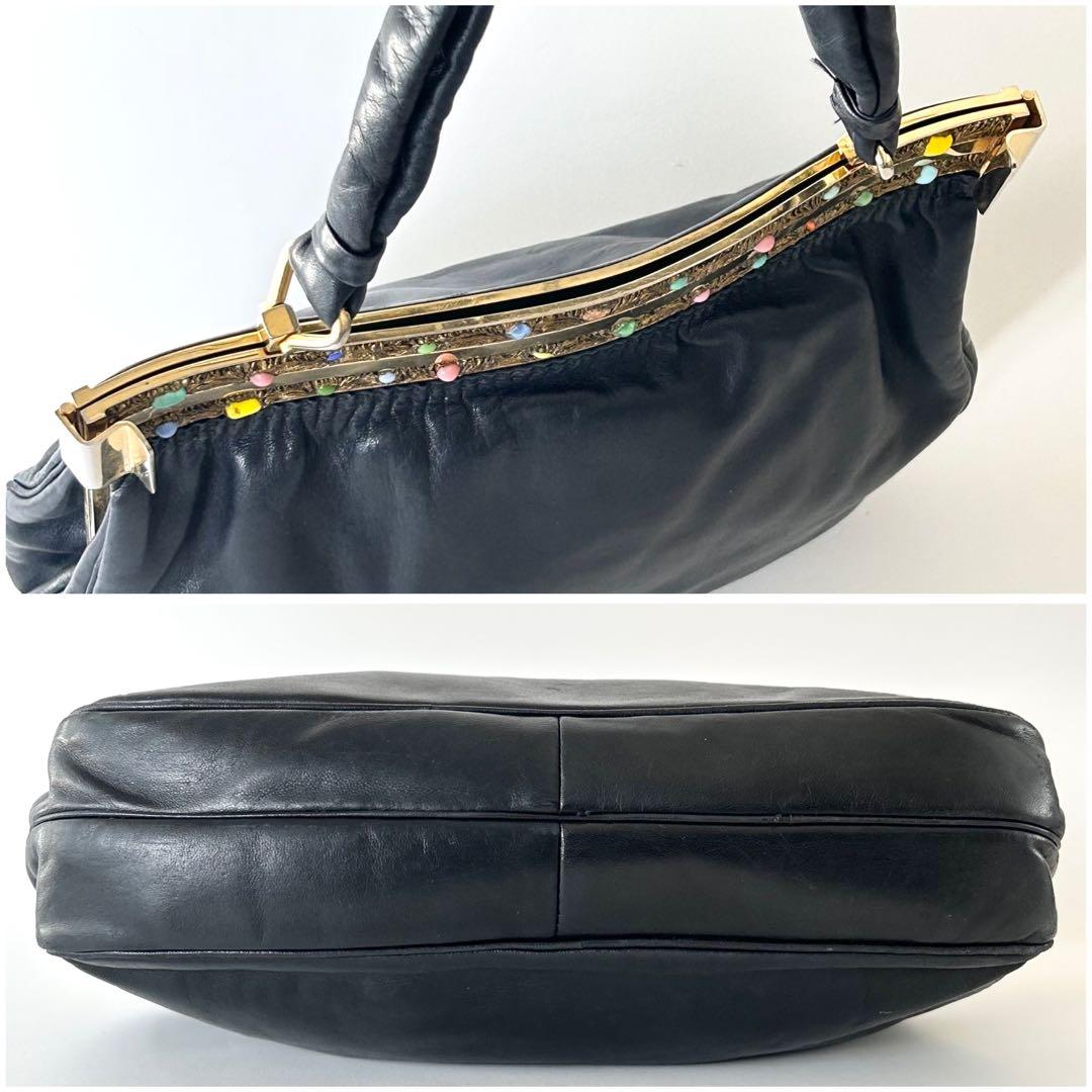 濱野皮革工藝 サンピエトロ 本革 天然石 がま口 ハンドバッグ ハマノ