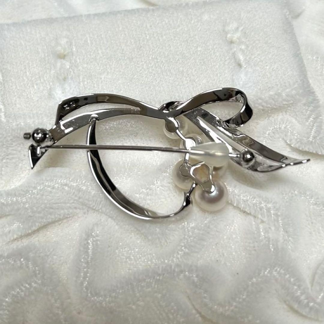 ミキモト MIKIMOTO パールブローチ リボン 5珠 シルバー 皇室御用達