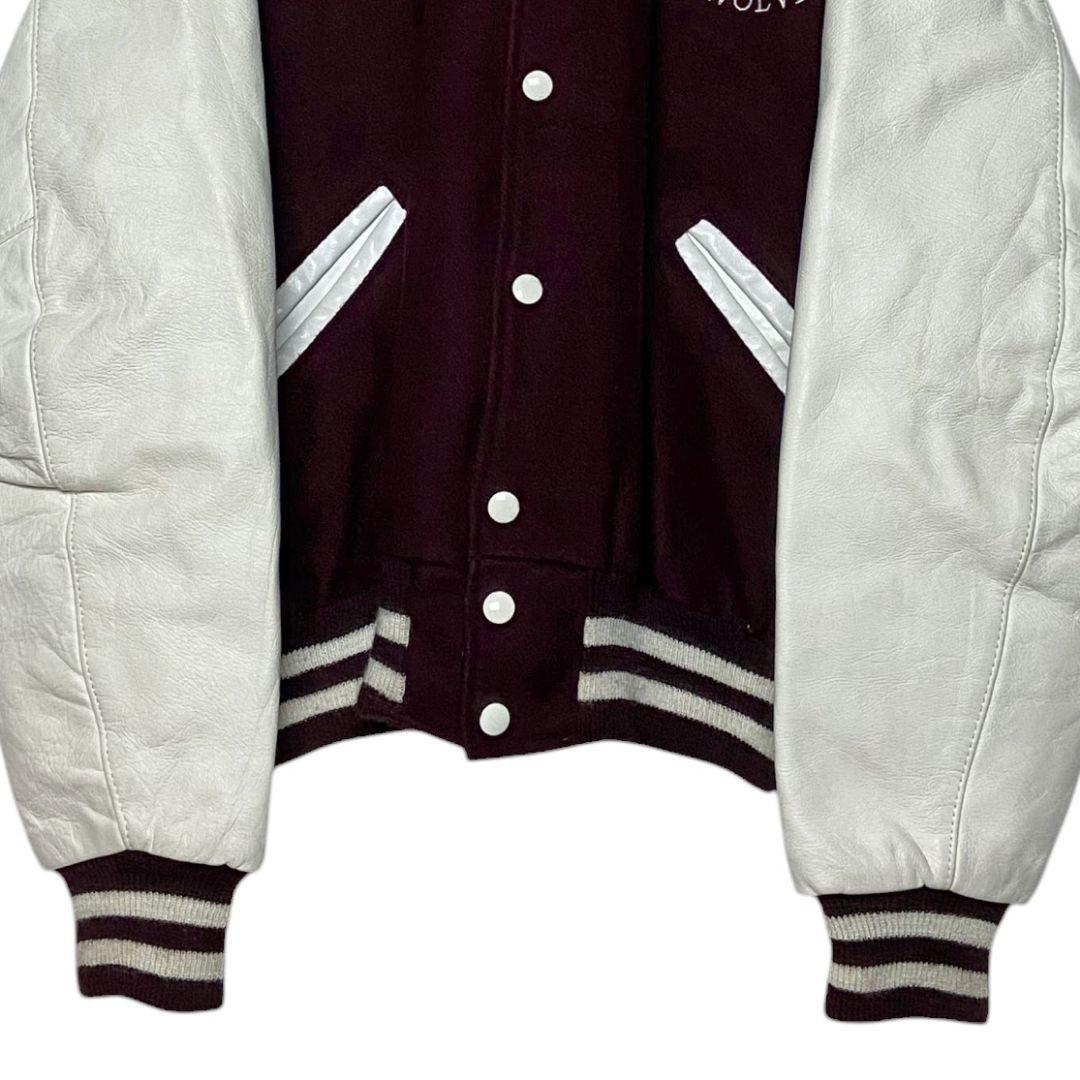80s USA製スタジャン XL 袖レザー えんじ色✕白 刺繍 ブルゾン - メルカリ
