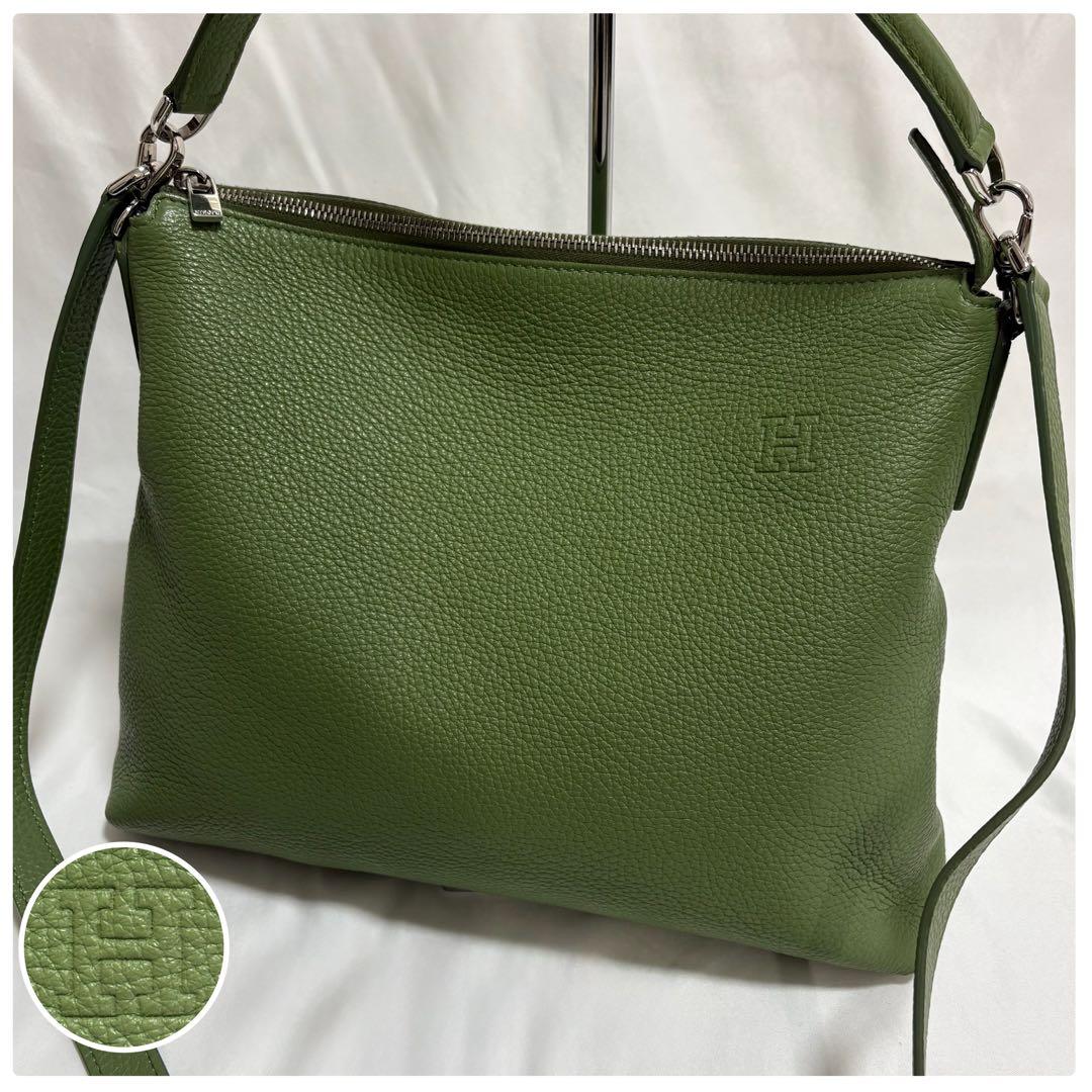 ヒロフ ミニマ 鹿革 ショルダーバック ロゴ 2way ライトグリーン 定12万 ヒロフ HIROFU 【カーラ】レザーショルダーバッグ S 本革 ミニバッグ