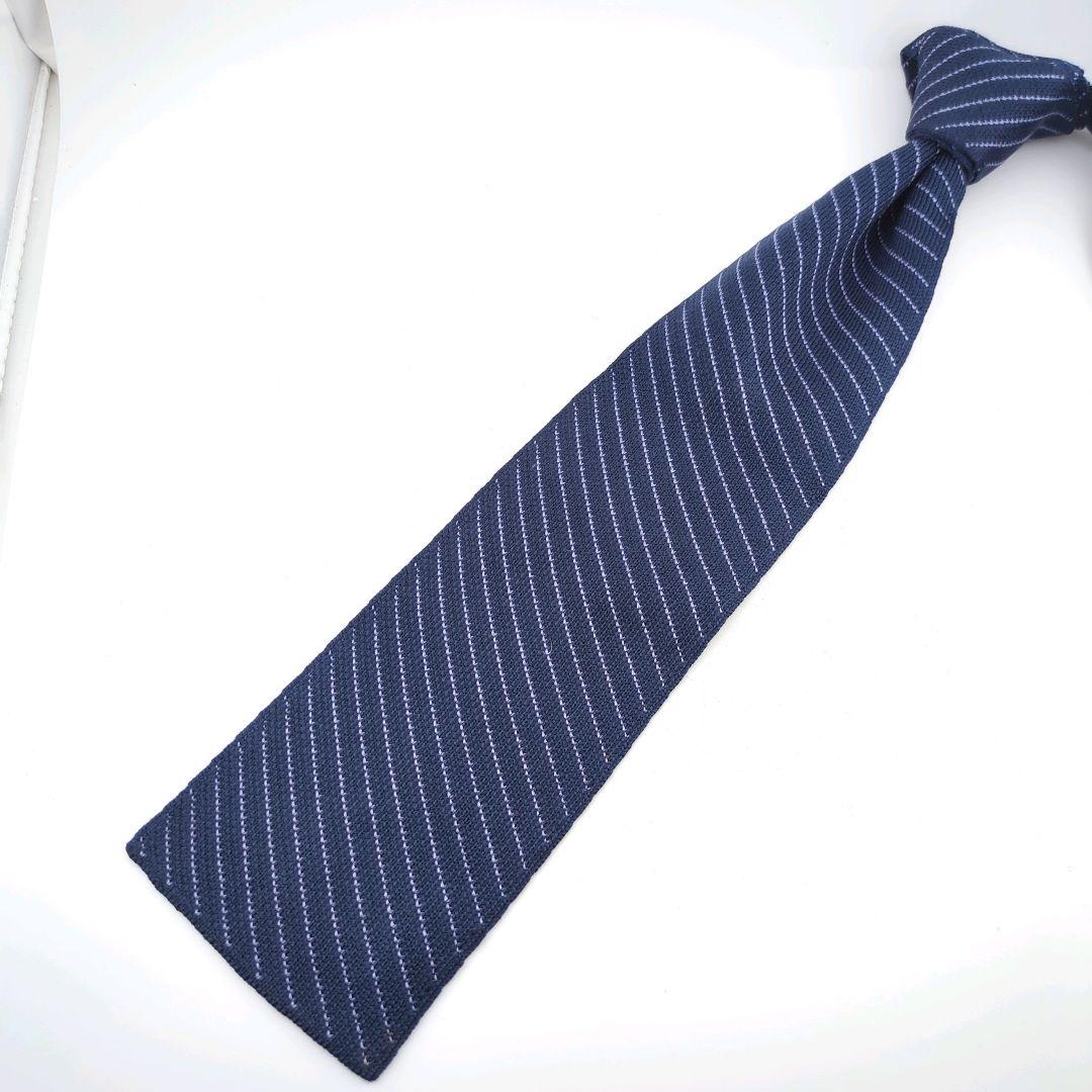 HERMES エルメス ニットネクタイ ネイビー ストライプ シルク100