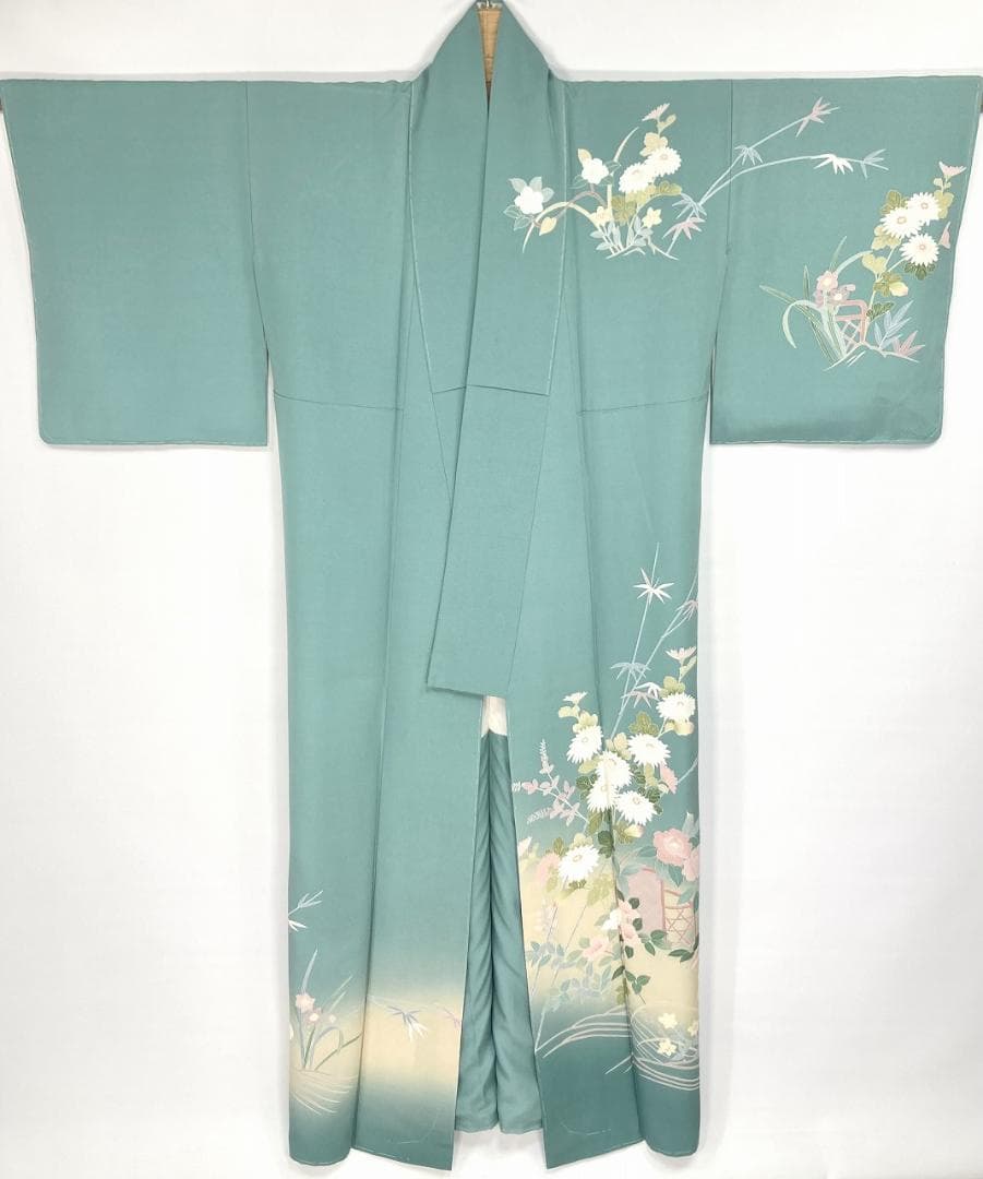 未使用 手描き友禅 訪問着 袷 四季の花々 正絹 青緑 青 クリーム 白