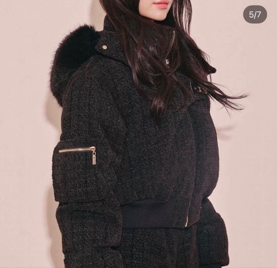 Randy アシンメトリーバックルツイードパデットジャケット ブラック