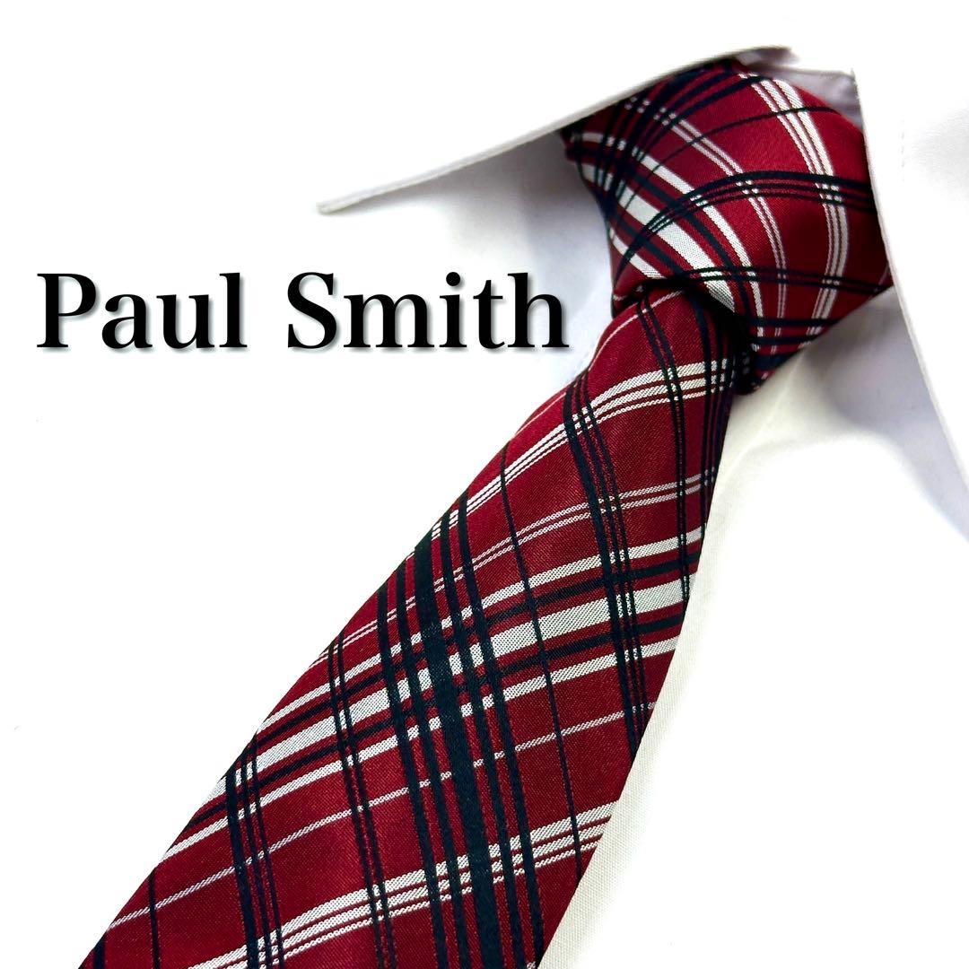 極美品】 ポールスミス チェック柄 ネクタイ 赤 レッド系 高級シルク