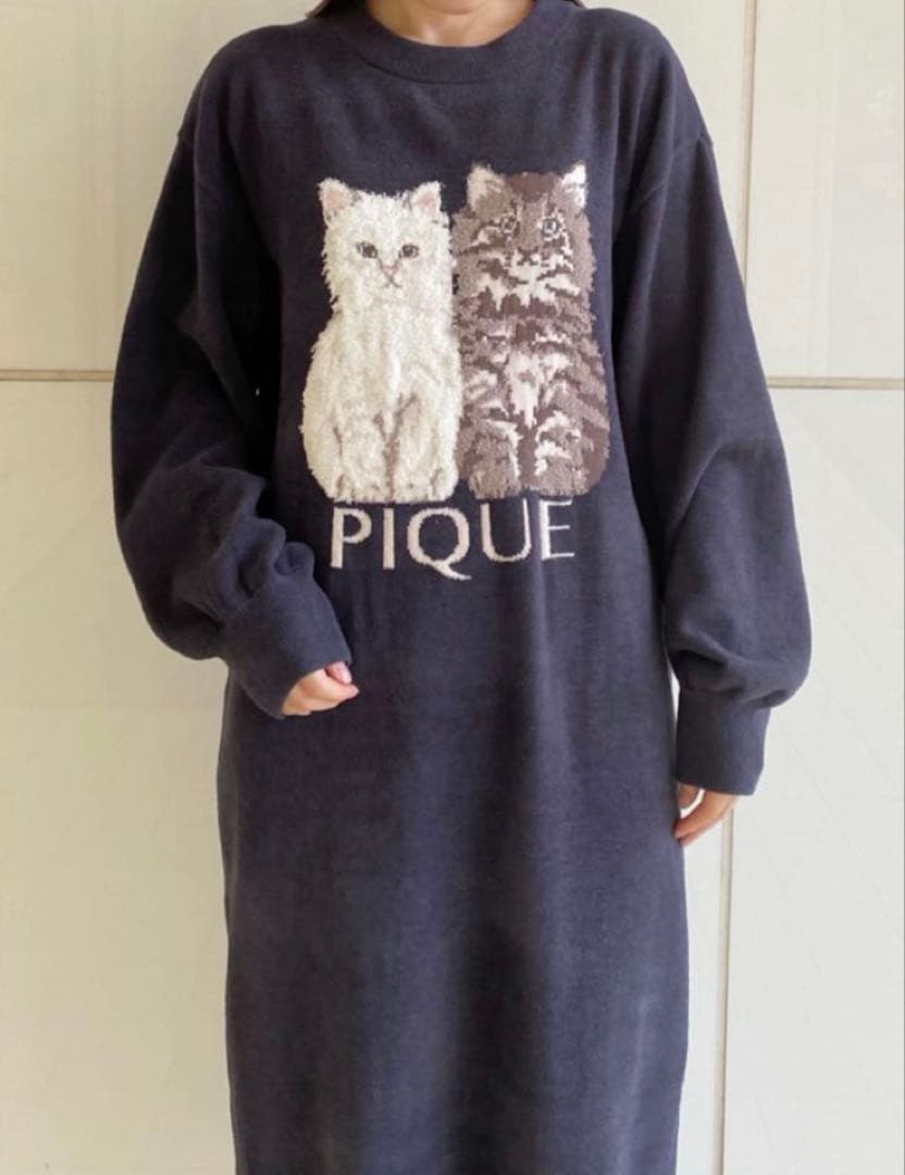 ジェラートピケ ツインキャットジャガードワンピース CAT ネコ ドレス