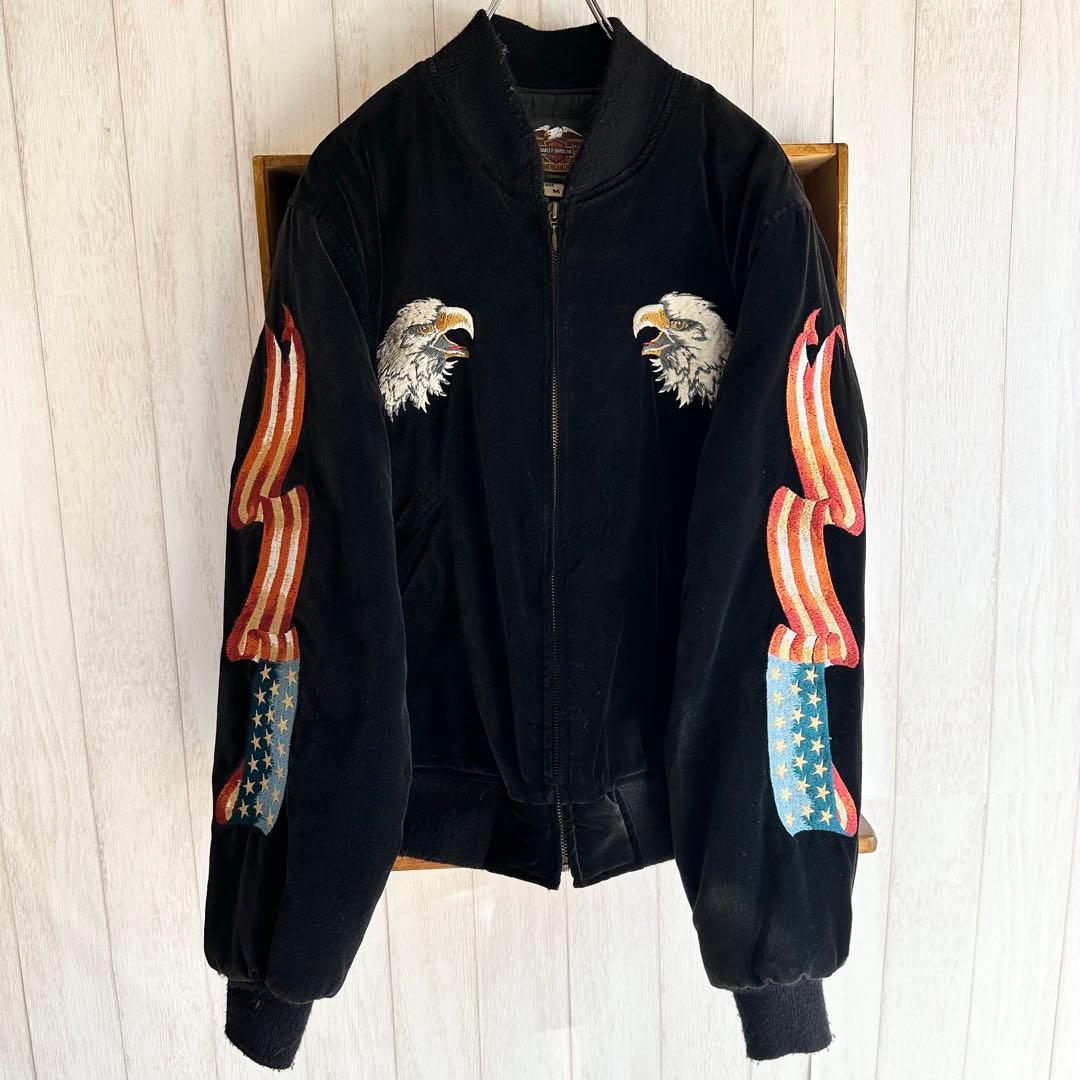 ハーレーダビッドソンスカジャン 別珍 ベロア 刺繍 イーグル 国旗 黒 L