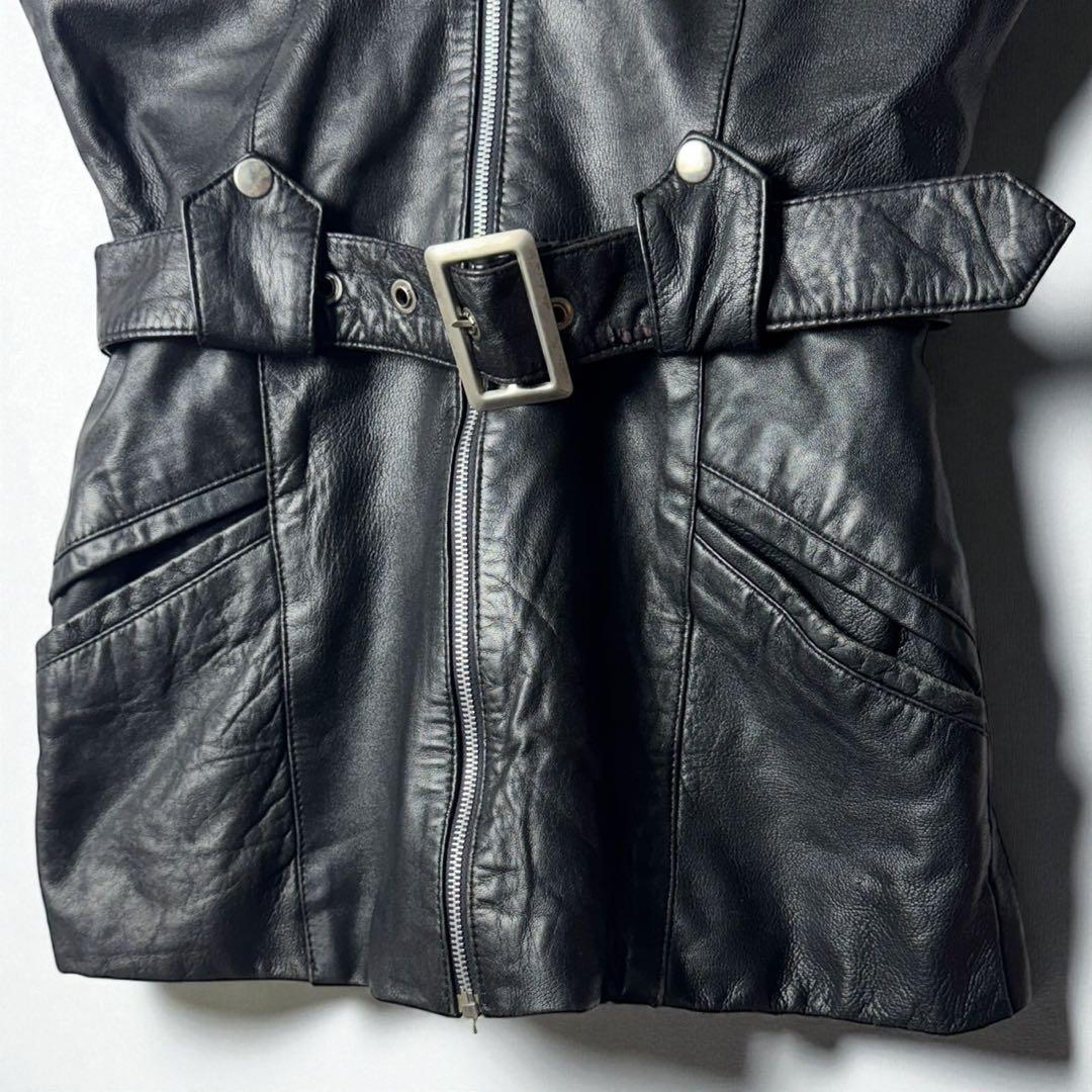 ヴィンテージ レザー ベスト 本革 ミドル丈 ベルト付き レディース M