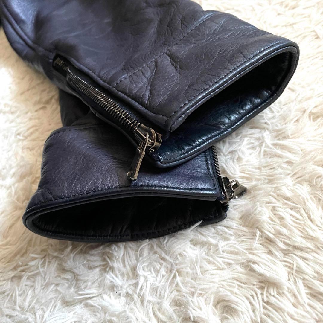 美品】ジュンハシモト インナーライダースジャケット 牛革 シワ加工 紺