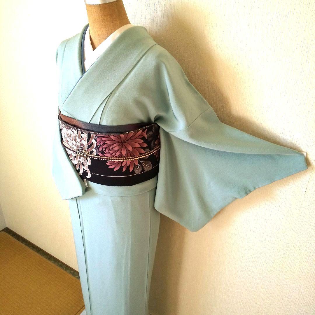 あぃけぃ様・正絹・色無地薄水色系・比翼仕立て・一つ紋・袷、お着物