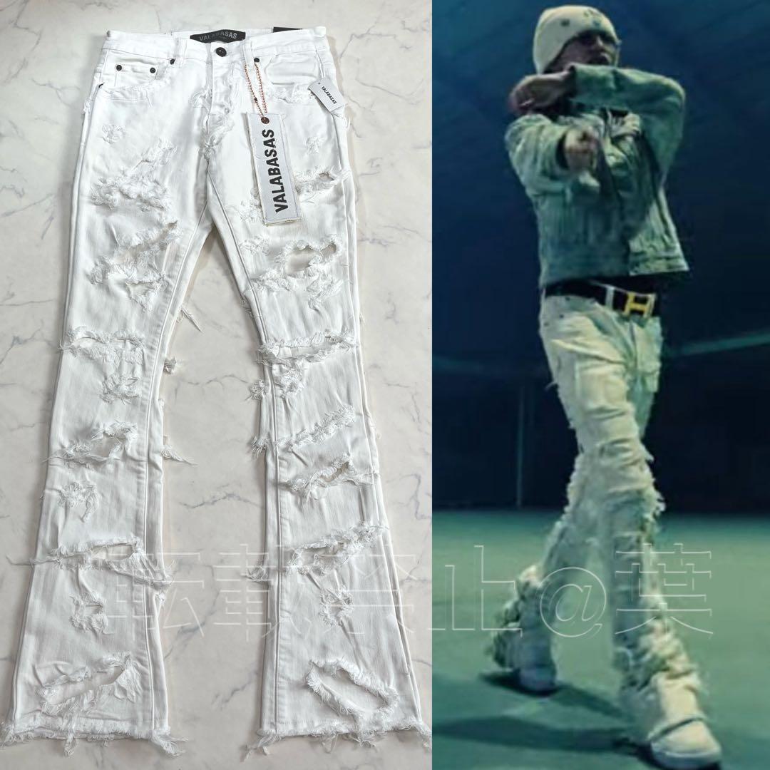 新品 バラバサスVALABASAS ハードクラッシュ フレアホワイトデニム 30