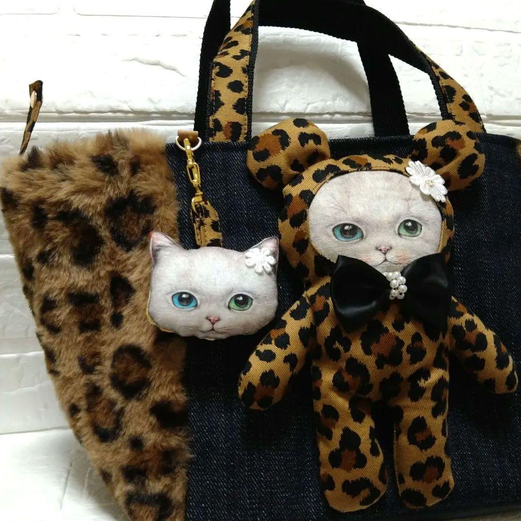 ゆ*ら様 コヤンイサムチョン☆スクエアトートバッグ　デニム＆ヒョウ柄ボア　オッド コヤンイサムチョン☆スクエアトートバッグ デニム＆ヒョウ柄ボア ふて