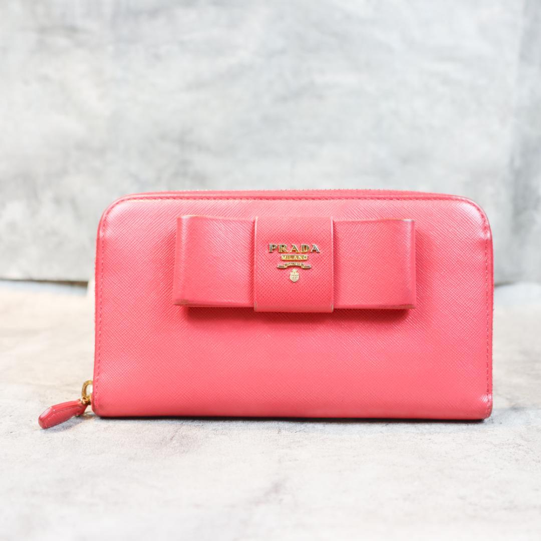 PRADA プラダ サフィアーノ リボン ラウンドファスナー 長財布 ピンク