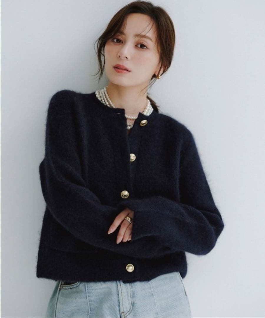 anuans カシミヤブレンドノーカラーニットジャケット　ネイビー カシミヤブレンドノーカラーニットジャケット