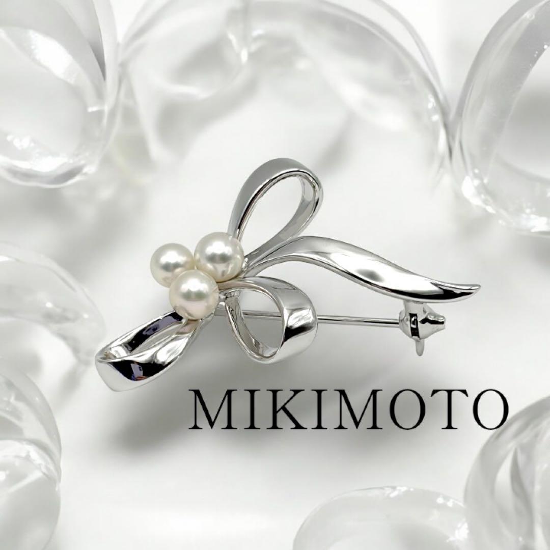 【極美品】 ミキモト シルバー リボンモチーフ ブローチ 箱付き MIKIMOTO（ミキモト） パール ブローチ リボン チャーム 真珠/シルバー