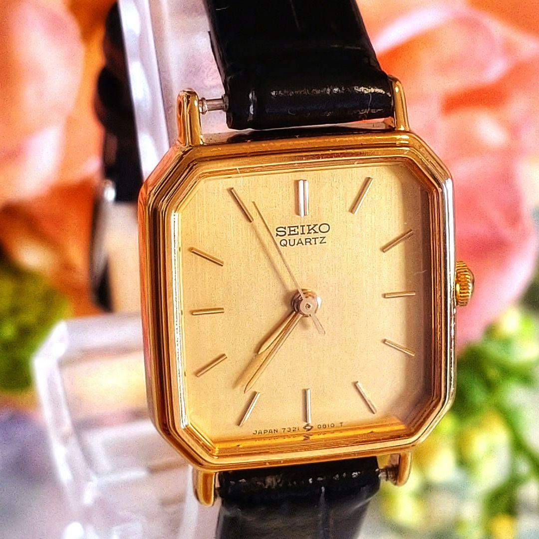稼働 セイコー レディース腕時計 ゴールド文字盤 オクタゴン ベルト