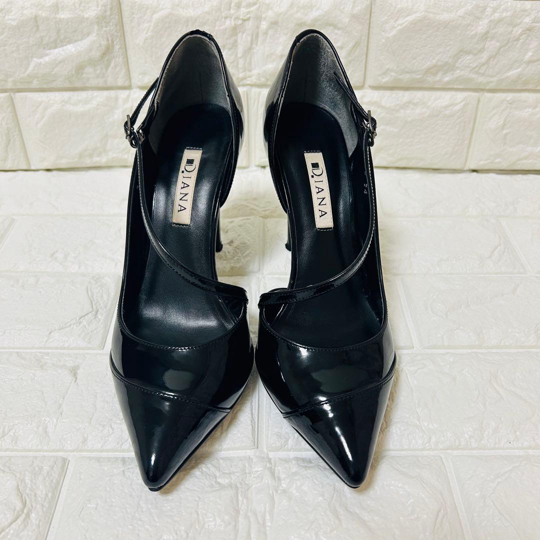 DIANA ダイアナ エナメル パンプス 24cm 黒 ストラップ ハイヒール