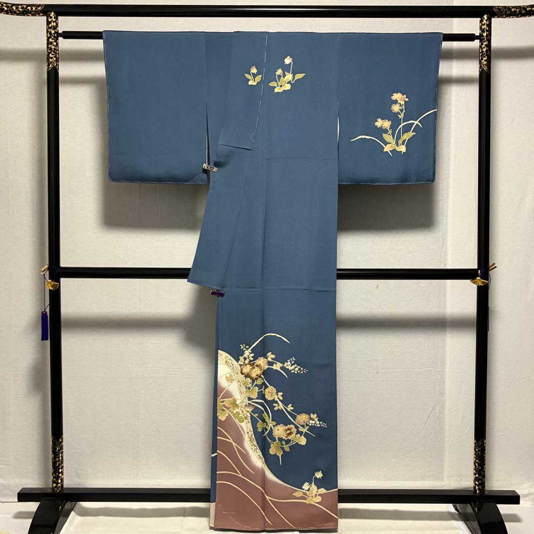 D103 訪問着 菊刺繍 蔦の葉 正絹 着物 袷 しつけ糸付き未使用極美品