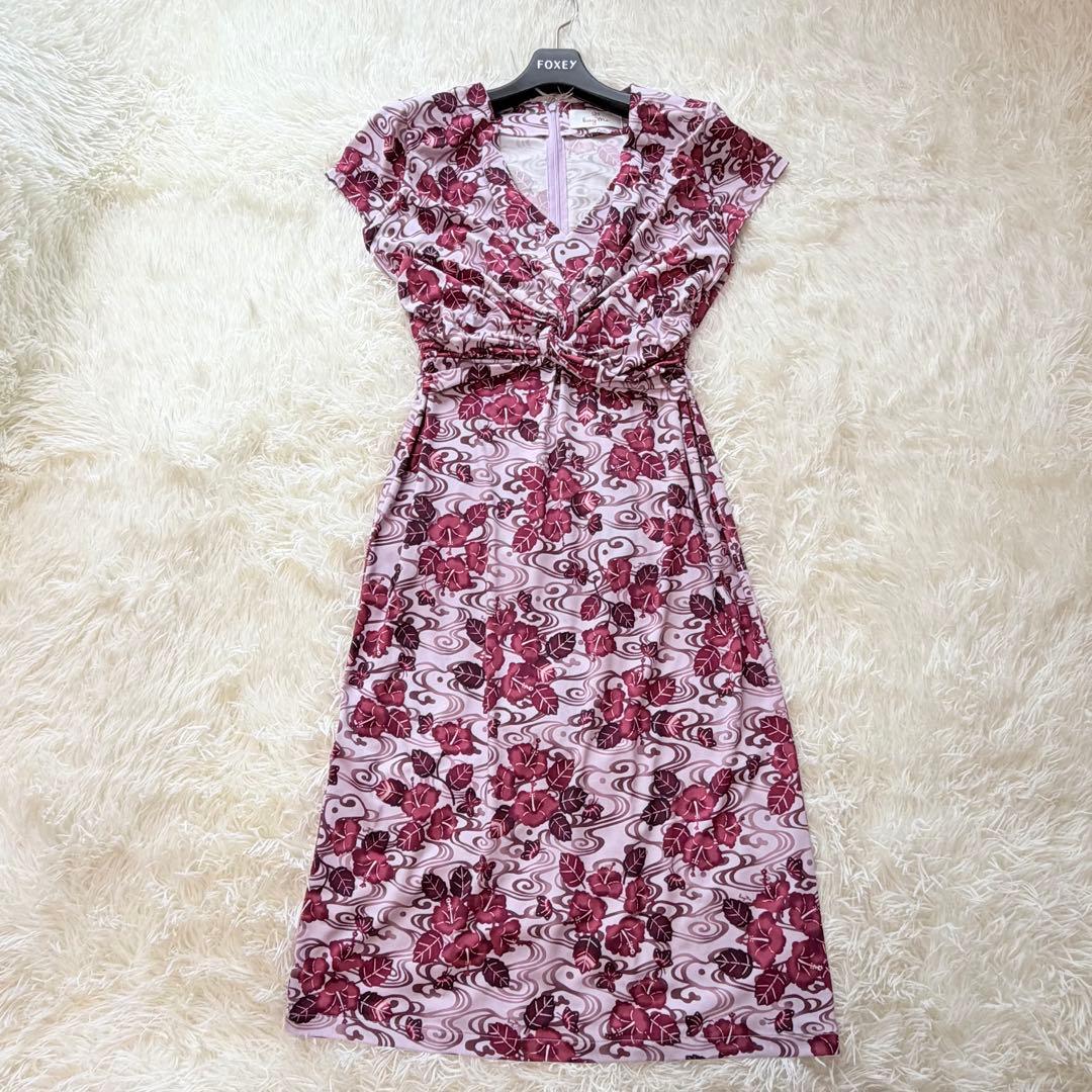 美品 9号 kayme ケイミー 紅ハイビスカス ツイストワンピ 花柄 ピンク