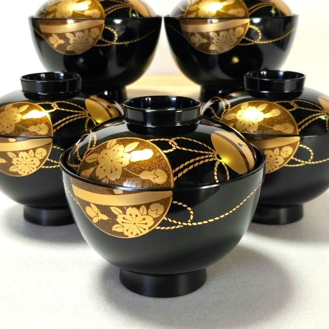 会津塗 漆器 金彩 蒔絵 桜鈴紋 お吸物椀 雑煮椀 汁椀 お椀 5客 未使用